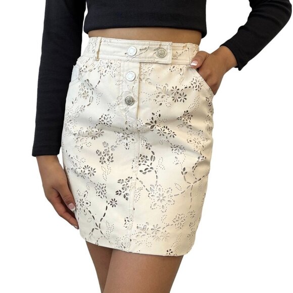 Christian Dior Logo Mini Skirt Silver Flower Lambskin Pockets Size 8 Cream - Picture 1 of 5